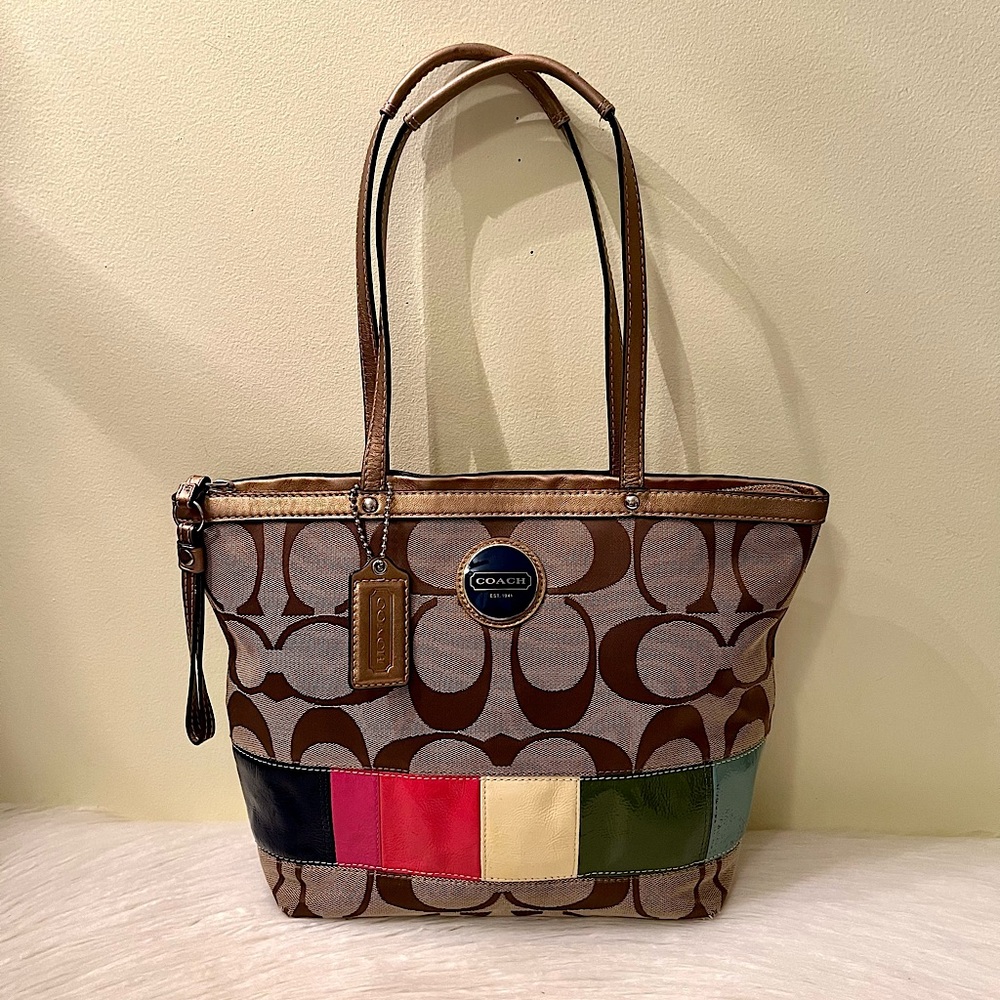 Coach Signature Print Rainbow Legacy Stripe Shoulder Bag